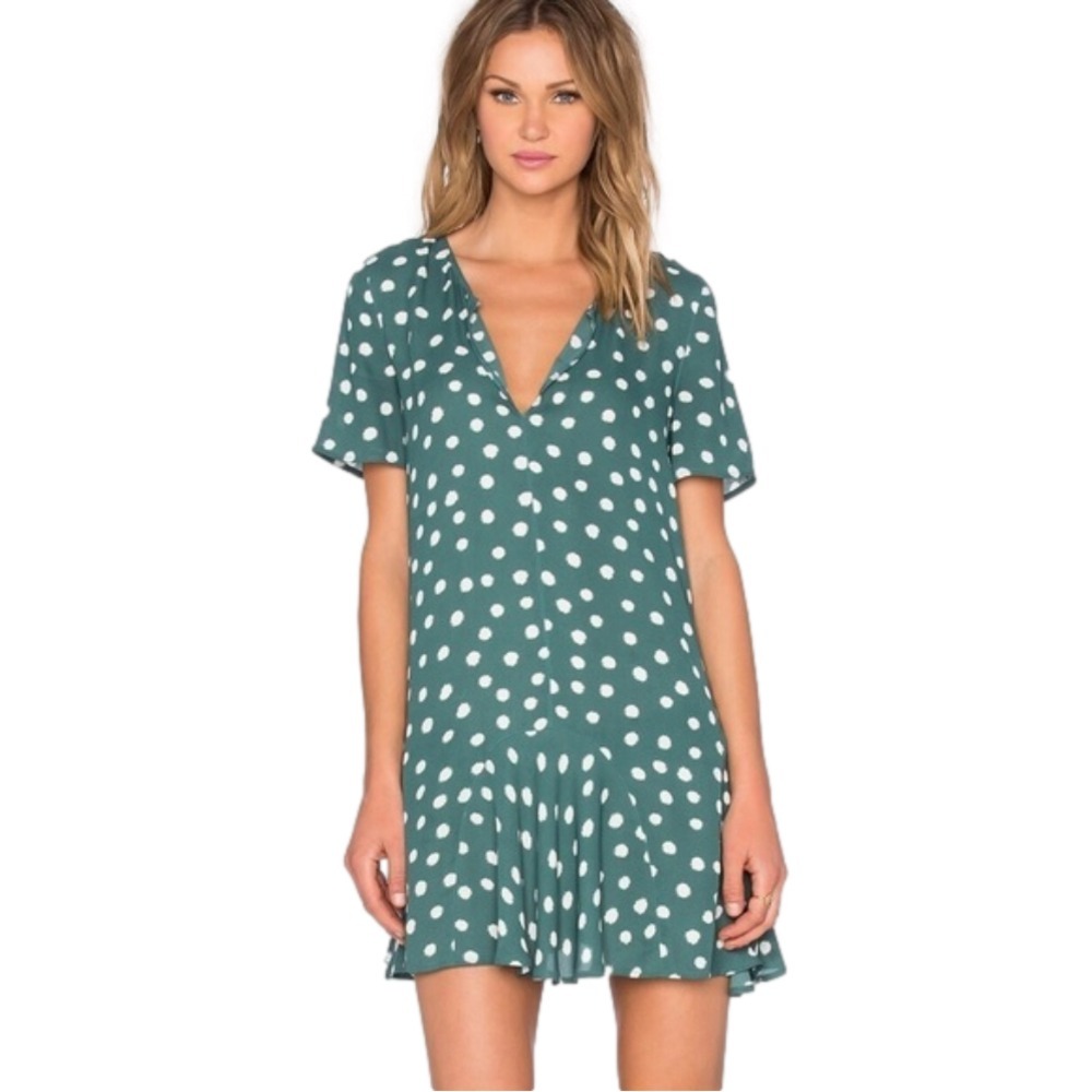 1. STATE Medium Green Polka Dot Lined Polyester Vneck Ruffled Shift Dress